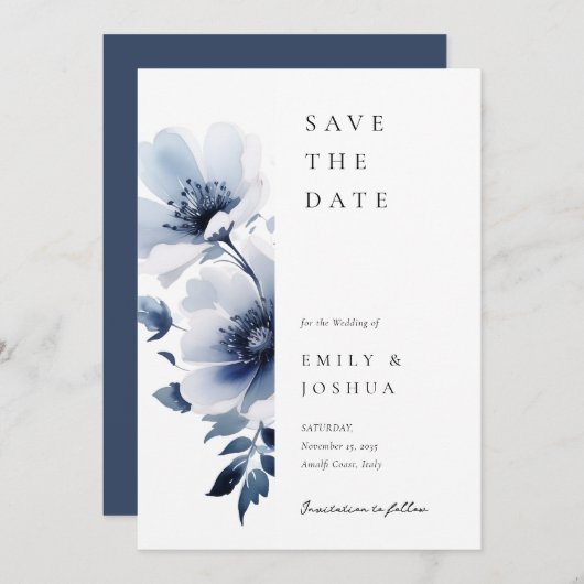 Hochzeit von Navy Blue Floral Save The Date (Vorne/Hinten)