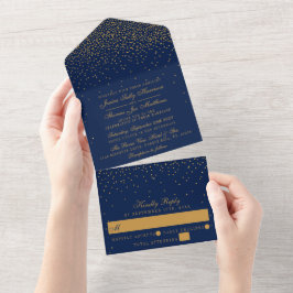 Hochzeit von Navy Blue & Glam Gold Confetti All In One Einladung