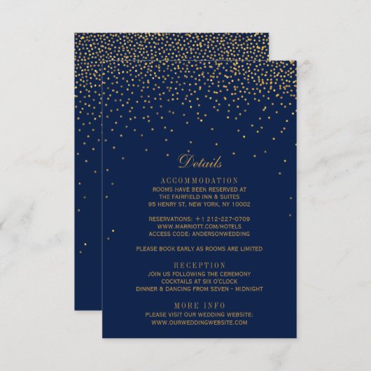 Hochzeit von Navy Blue & Glam Gold Confetti Begleitkarte (Vorne/Hinten)