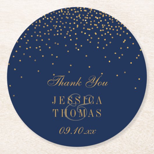 Hochzeit von Navy Blue & Glam Gold Confetti Runder Pappuntersetzer (Vorderseite)