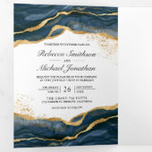 Hochzeit von Navy Blue Gold Abstrakt Ink QR Code Dreifach Gefaltete Einladung (Innen Erste Seite)