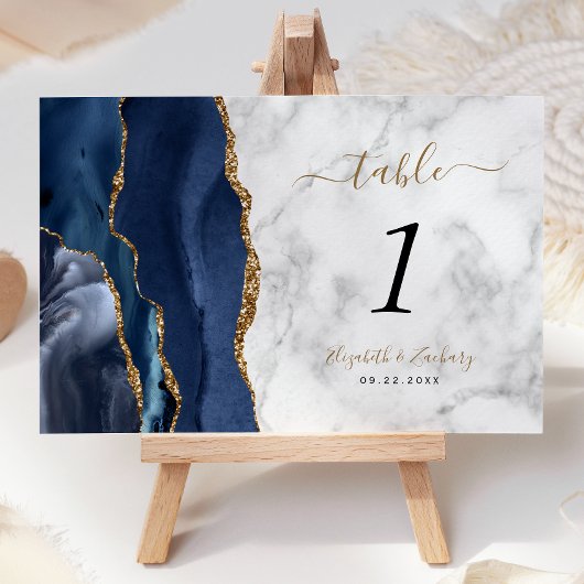 Hochzeit von Navy Blue Gold Agate Tischnummer