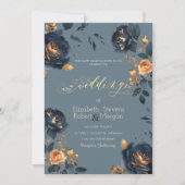Hochzeit von Navy Blue Gold-Blume Einladung (Vorderseite)