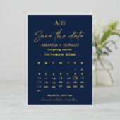 Hochzeit von Navy Blue & Gold Calendar Speichern S Folieneinladung (Stehend vorne)