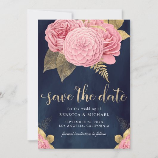 Hochzeit von Navy Blue Gold Dusty Pink Floral Save The Date (Vorderseite)