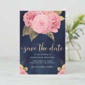 Hochzeit von Navy Blue Gold Dusty Pink Floral Save The Date (Stehend Vorderseite)