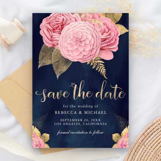Hochzeit von Navy Blue Gold Dusty Pink Floral Save The Date