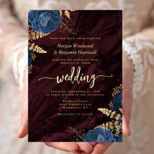 Hochzeit von Navy Blue Gold Floral Burgund Folieneinladung