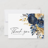 Hochzeit von Navy Blue Gold Floral Dankeskarte (Vorderseite)