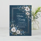 Hochzeit von Navy Blue Gold Floral Einladung (Stehend Vorderseite)