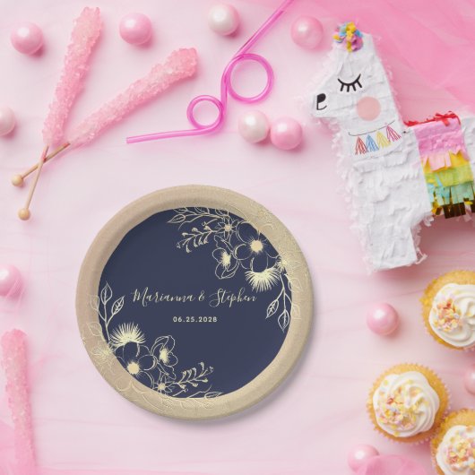 Hochzeit von Navy Blue Gold Floral Pappteller (Party)