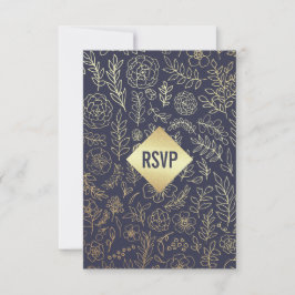 Hochzeit von Navy Blue Gold Floral RSVP Karte