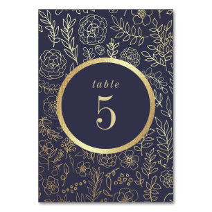 Hochzeit von Navy Blue, Gold Floral Tischnummer