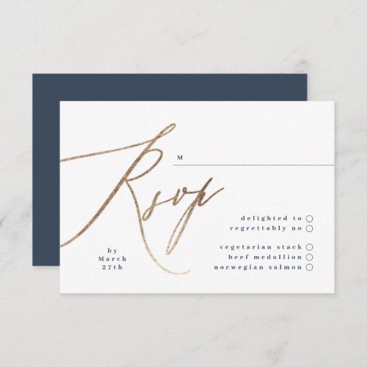Hochzeit von Navy Blue & Gold Foil Calligraphy RSVP Karte (Vorne/Hinten)