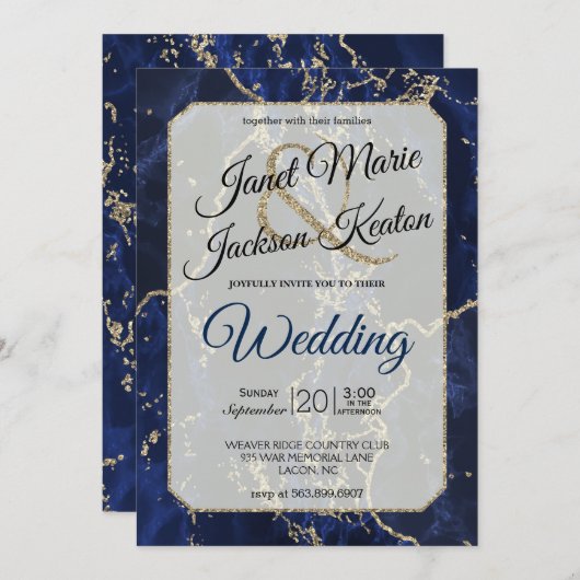 Hochzeit von Navy Blue Gold Glitzer Einladung (Vorne/Hinten)