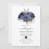 Hochzeit von Navy Blue, Gold und Silver Floral Einladung (Vorderseite)