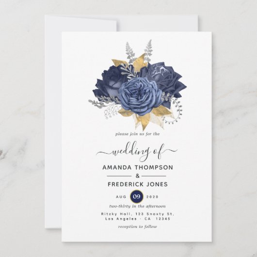 Hochzeit von Navy Blue, Gold und Silver Floral Einladung (Vorderseite)