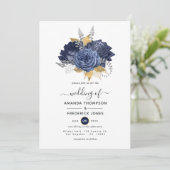 Hochzeit von Navy Blue, Gold und Silver Floral Einladung (Stehend Vorderseite)