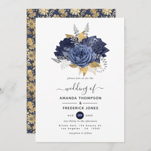 Hochzeit von Navy Blue, Gold und Silver Floral Einladung (Vorne/Hinten)