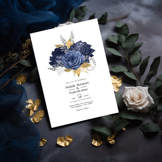 Hochzeit von Navy Blue, Gold und Silver Floral Einladung