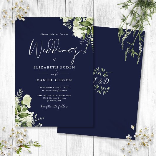 Hochzeit von Navy Blue Greenery Blätter Monogram Einladung