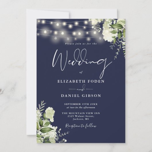 Hochzeit von Navy Blue Greenery Lights QR Code Fot Einladung (Vorderseite)