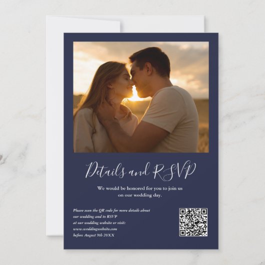 Hochzeit von Navy Blue Greenery Lights QR Code Fot Einladung (Rückseite)