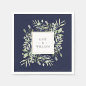 Hochzeit von Navy Blue Greenery Watercolor Serviette (Vorderseite)