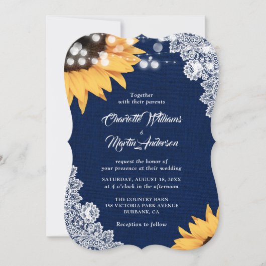 Hochzeit von Navy Blue Lace Sunflower Einladung (Vorderseite)