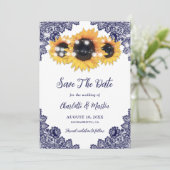 Hochzeit von Navy Blue Lace Sunflower Save The Date (Stehend Vorderseite)