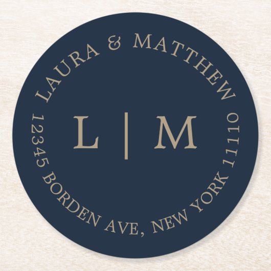 Hochzeit von Navy Blue Monogram Runder Pappuntersetzer (Vorderseite)