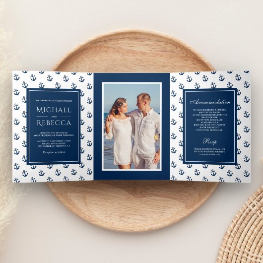 Hochzeit von Navy Blue Nautical Anchors Foto Dreifach Gefaltete Einladung