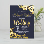 Hochzeit von Navy Blue Real Gold Floral Folieneinladung (Stehend vorne)