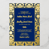 Hochzeit von Navy Blue Real Gold Foil Damask Folieneinladung (Vorderseite)