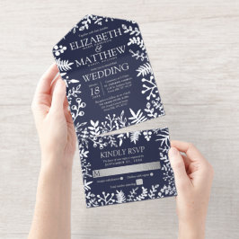 Hochzeit von Navy Blue & Real Silver Foil Floral All-in-One-Einladung