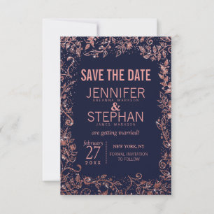 Hochzeit von Navy Blue Rose Gold Floral Glitzer Save The Date