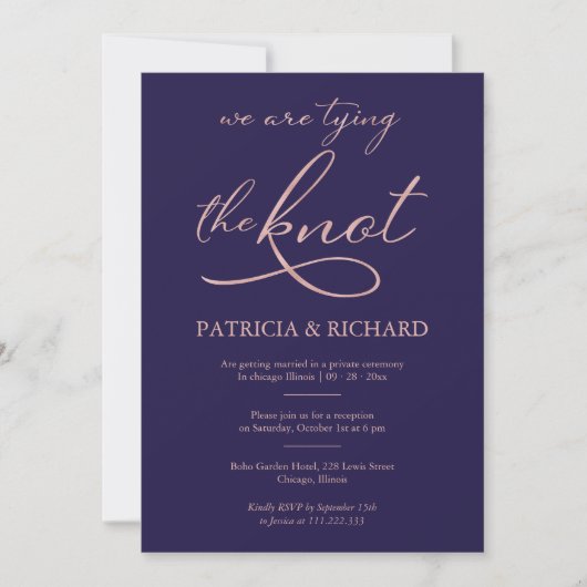 Hochzeit von Navy Blue Rose Gold Foil Script Einladung (Vorderseite)