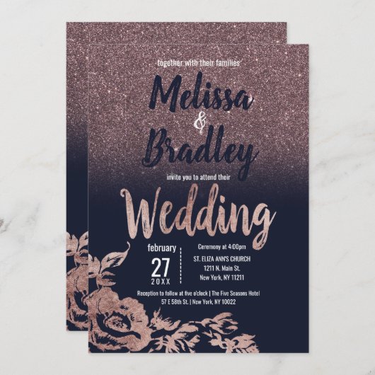 Hochzeit von Navy Blue Rose Gold Glitzer Floral Einladung (Vorne/Hinten)