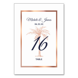 Hochzeit von Navy Blue Rose Gold Kupfer Palm Tree Tischnummer