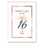 Hochzeit von Navy Blue Rose Gold Kupfer Palm Tree Tischnummer (Rückseite)
