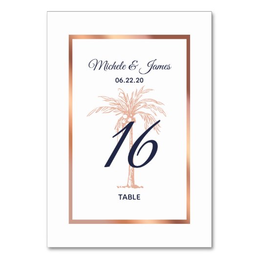 Hochzeit von Navy Blue Rose Gold Kupfer Palm Tree Tischnummer (Vorderseite)