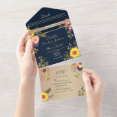 Hochzeit von Navy Blue Rustic Sunflower All In One Einladung (Abreißen)