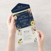 Hochzeit von Navy Blue Rustic Sunflower All In One Einladung (Abreißen)