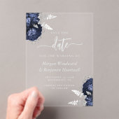 Hochzeit von Navy Blue Silver Floral Save the Date Acryleinladungen (Insitu (Handheld))