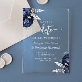 Hochzeit von Navy Blue Silver Floral Save the Date Acryleinladungen