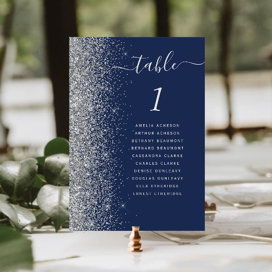 Hochzeit von Navy Blue Silver Glitzer Tischnummer
