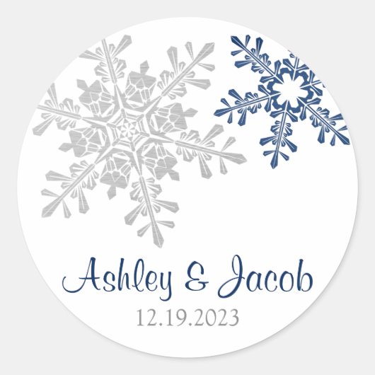 Hochzeit von Navy Blue Silver Snowflake Runder Aufkleber (Vorderseite)