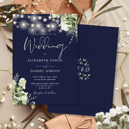 Hochzeit von Navy Blue String Lights Floral Monogr Einladung