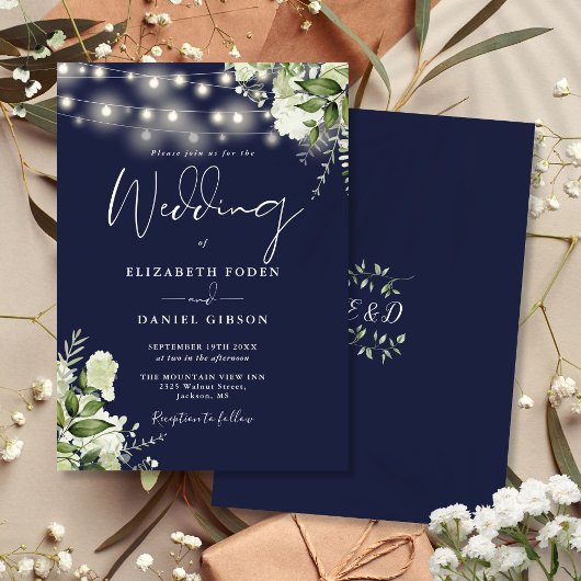 Hochzeit von Navy Blue String Lights Floral Monogr Einladung