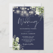Hochzeit von Navy Blue String Lights Floral Monogr Einladung (Vorderseite)